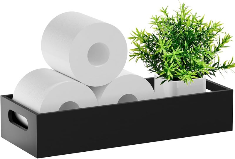 VITVITI Bamboo Toilet Paper Holder Storage, Bamboo Tray for Bathroom with Handle, Toilet Tissue Holder Organizer Basket Container for Toilet Tank/Kitchen Counter, Natural, Black - Image 1